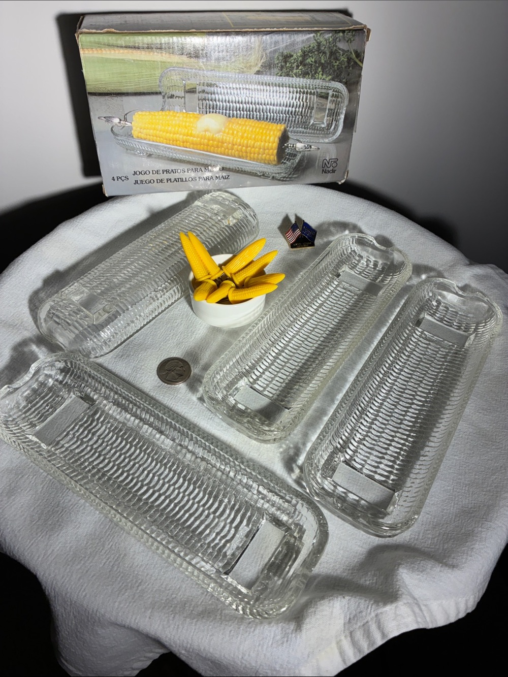 Nadir - Clear Glass Embossed Corn Holders Serving Trays - Set of 4 NWT